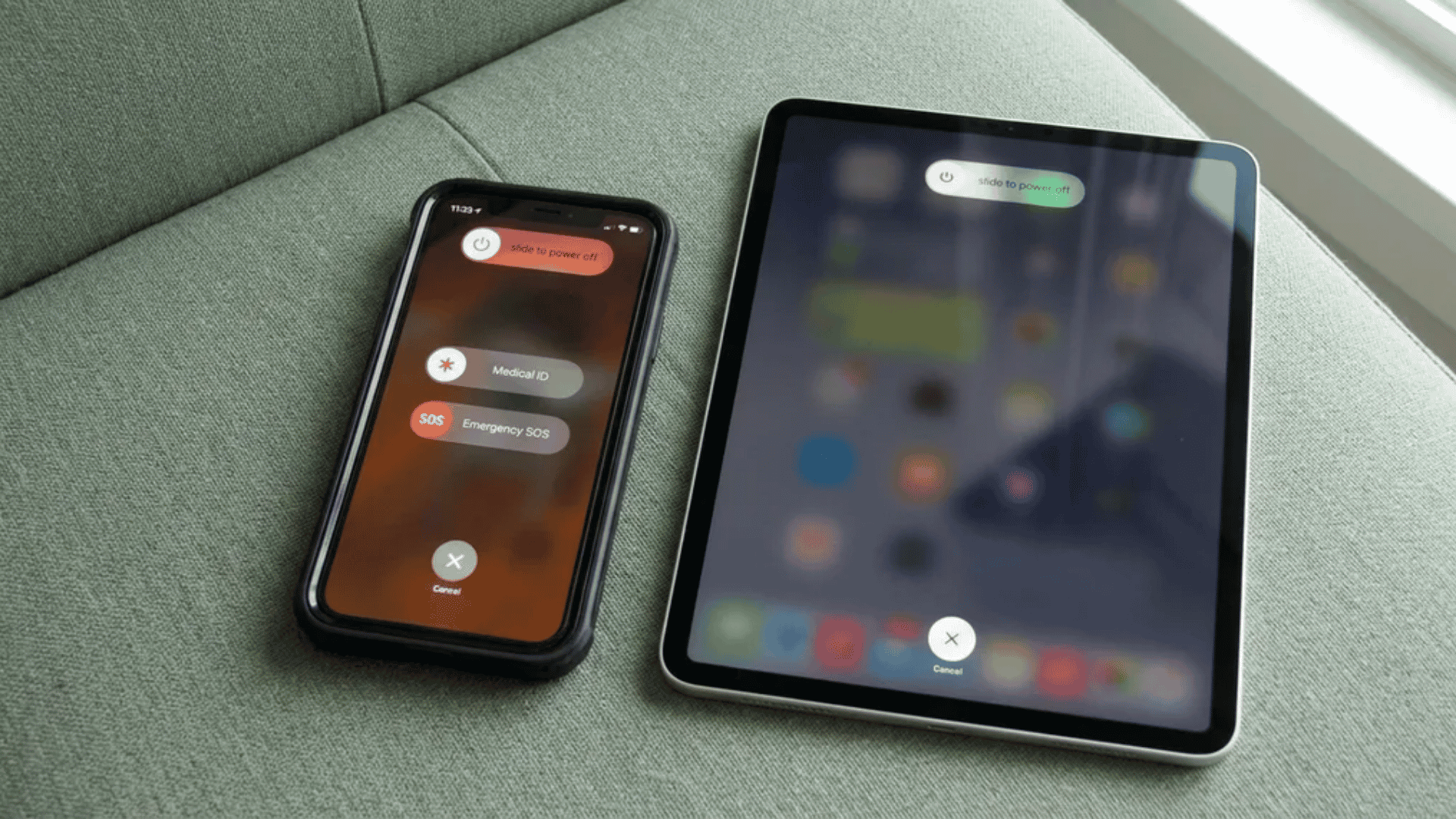 iPhone and iPad showing the power-off screen side by side with “slide to power off,” Emergency SOS, and Cancel options visible.