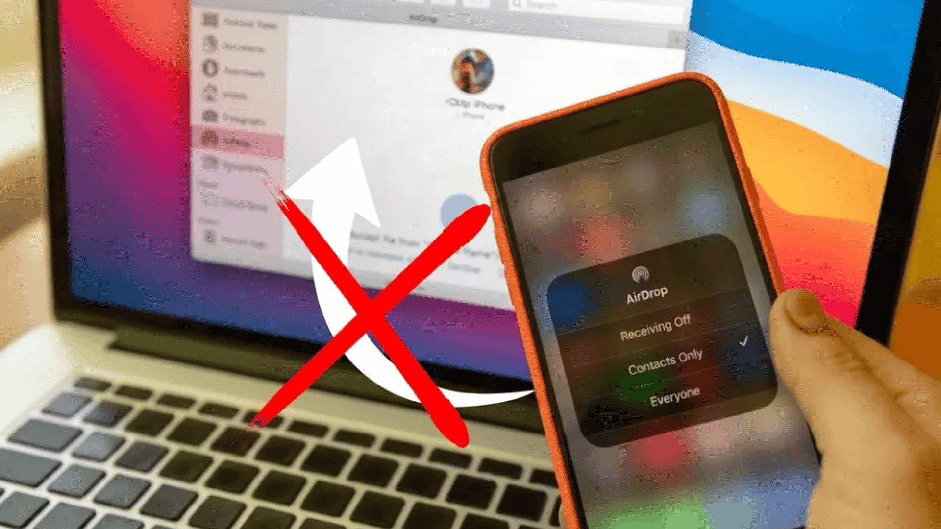 iPhone held in hand showing AirDrop settings menu (Receiving Off, Contacts Only, Everyone) in front of a MacBook Air with AirDrop window open.