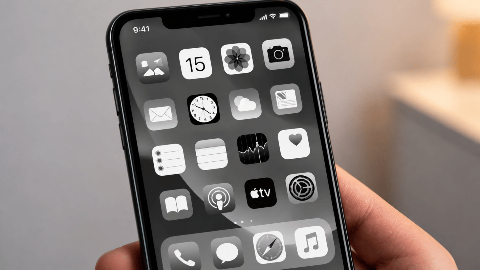 iPhone home screen displayed in grayscale with monochrome app icons (1)