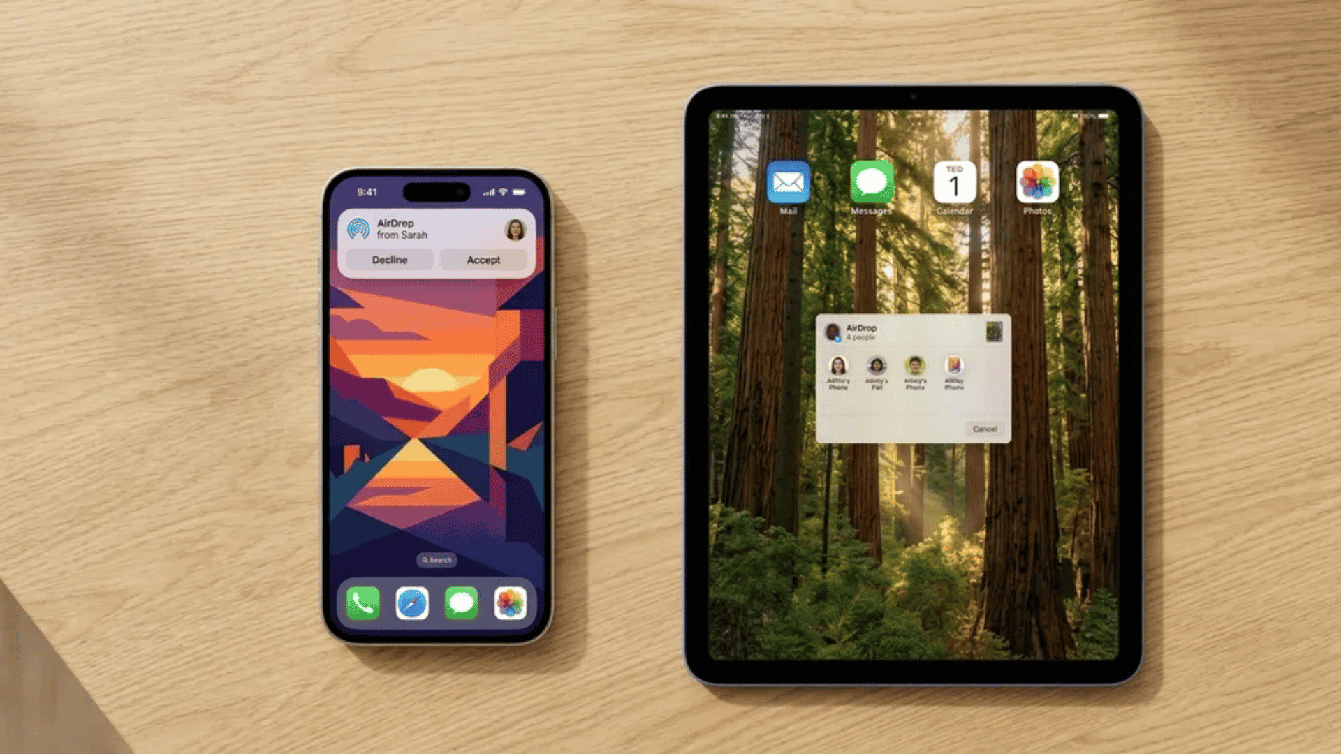 iPhone showing an incoming AirDrop prompt with Accept and Decline options beside an iPad displaying the AirDrop sharing interface on a wooden desk.