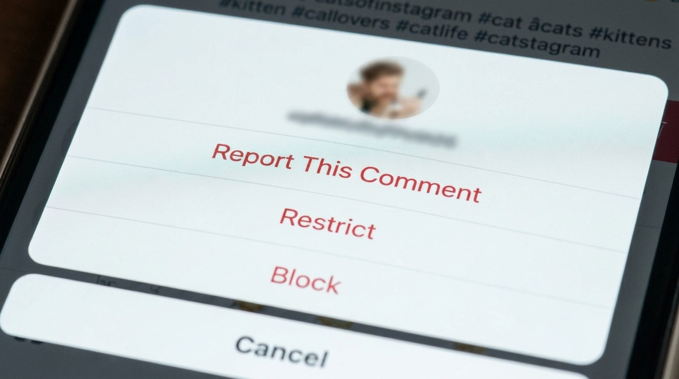 Instagram comment options menu showing Report This Comment, Restrict, Block, and Cancel buttons.