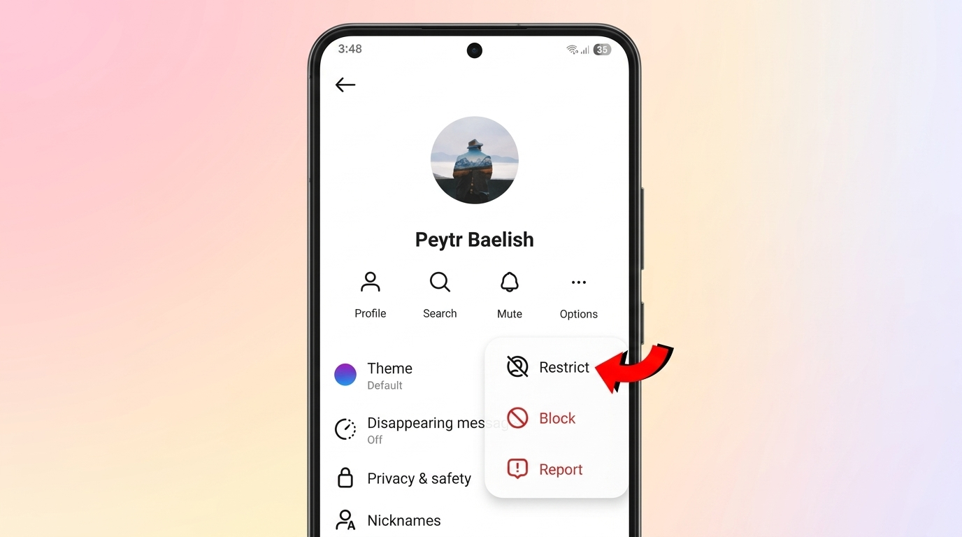 Instagram profile options menu showing Restrict, Block, and Report on a mobile screen.