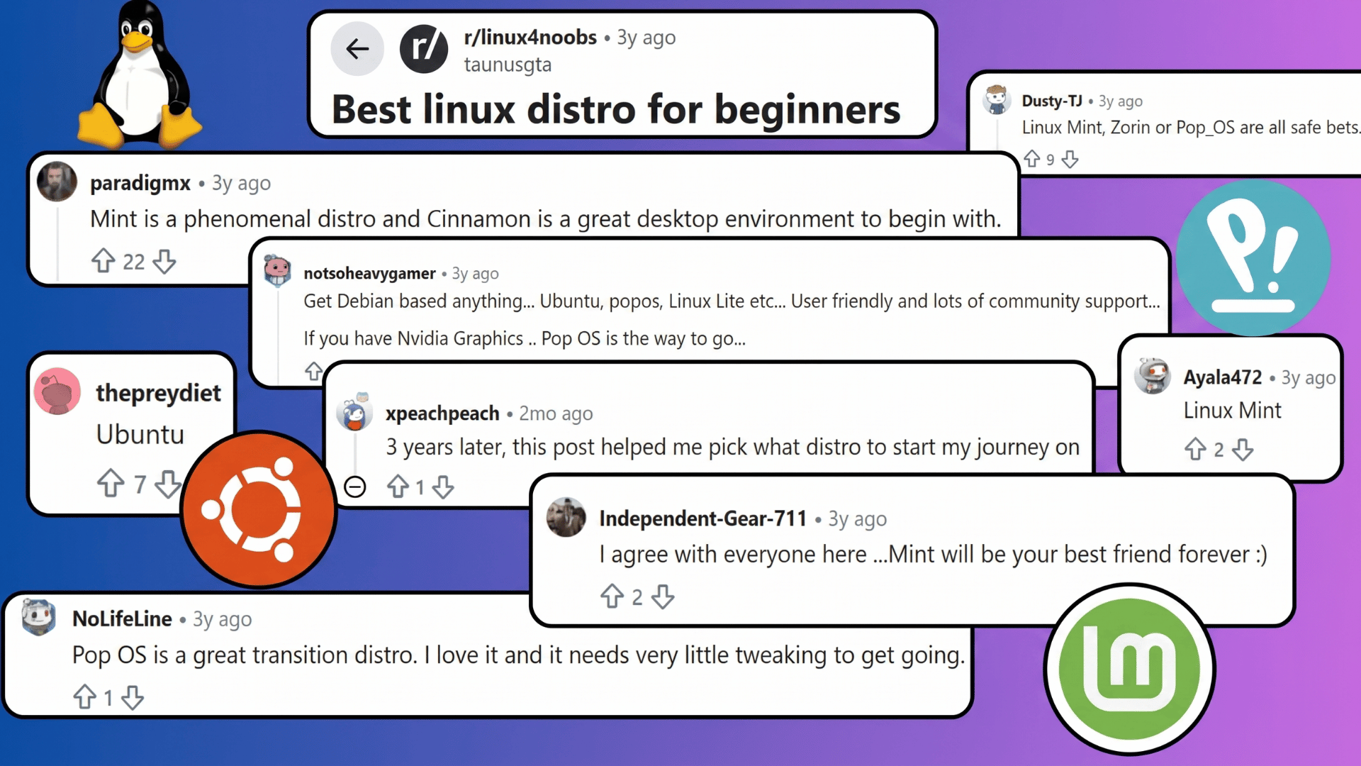 Reddit discussion on best Linux distros for beginners with user comments and Tux mascot visible.