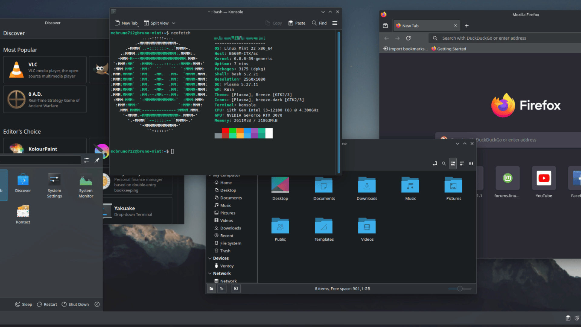 Linux Mint desktop showing terminal, file manager, application menu, and Firefox browser on a KDE Plasma dark theme.
