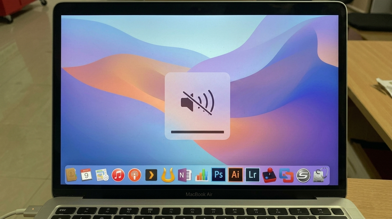 MacBook Air screen showing muted volume icon overlay with dock visible on desktop wallpaper.