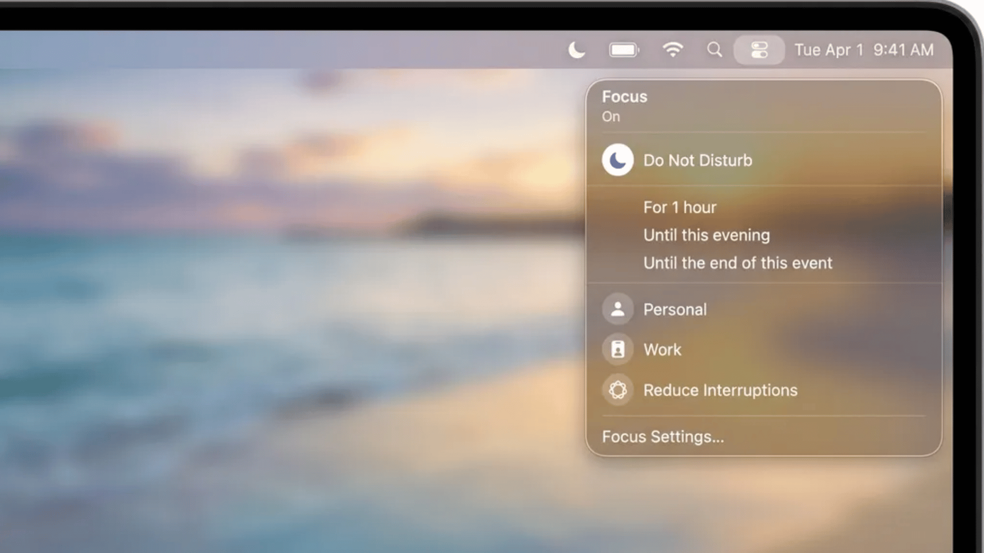 mac-os-focus-menu-open-in-menu-bar-showing-do-not-disturb-personal-work-and-reduce-interruptions-options