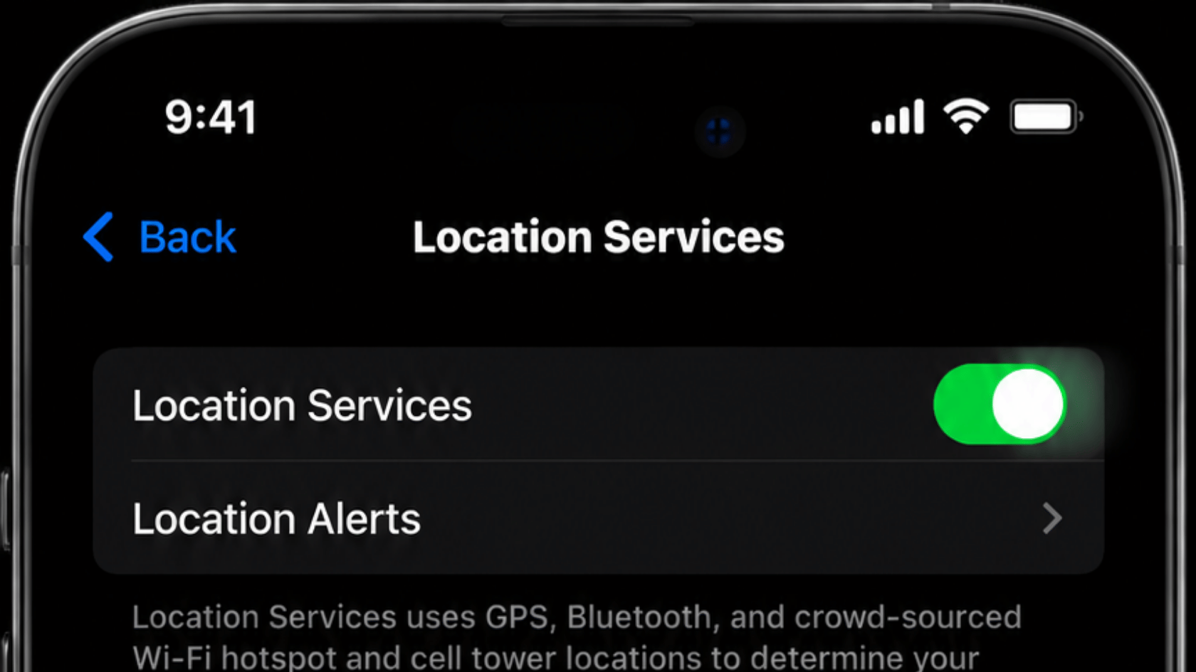 iPhone settings showing Location Services toggle switched off in privacy menu
