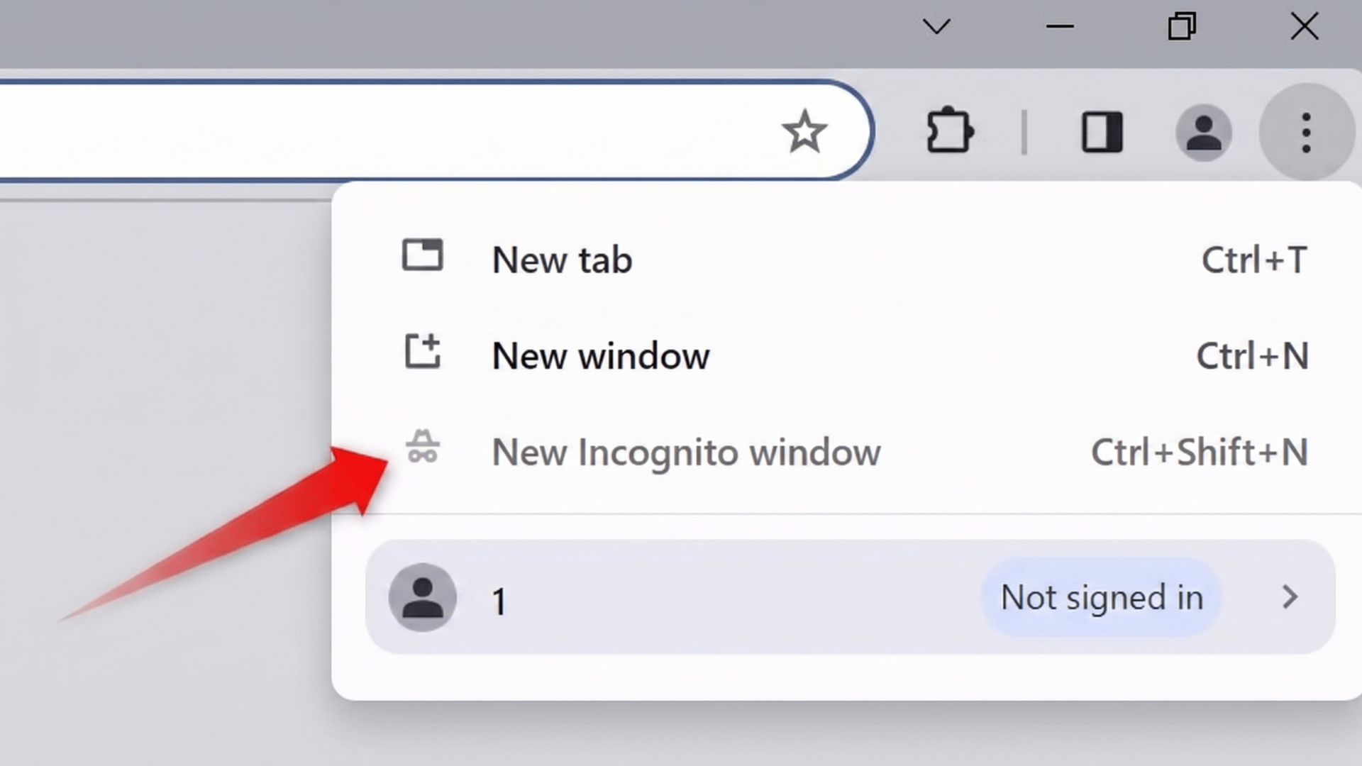 Chrome browser menu showing New tab, New window, and New Incognito window options with a red arrow pointing to New Incognito window.