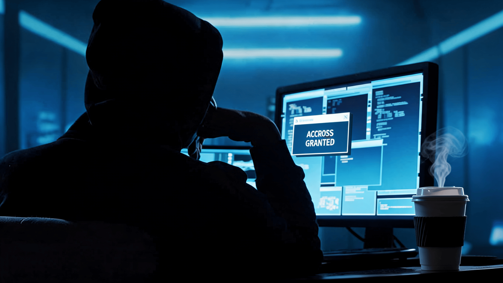 A person in a hoodie looking at a computer screen that says "ACCROSS GRANTED" with a coffee cup nearby.