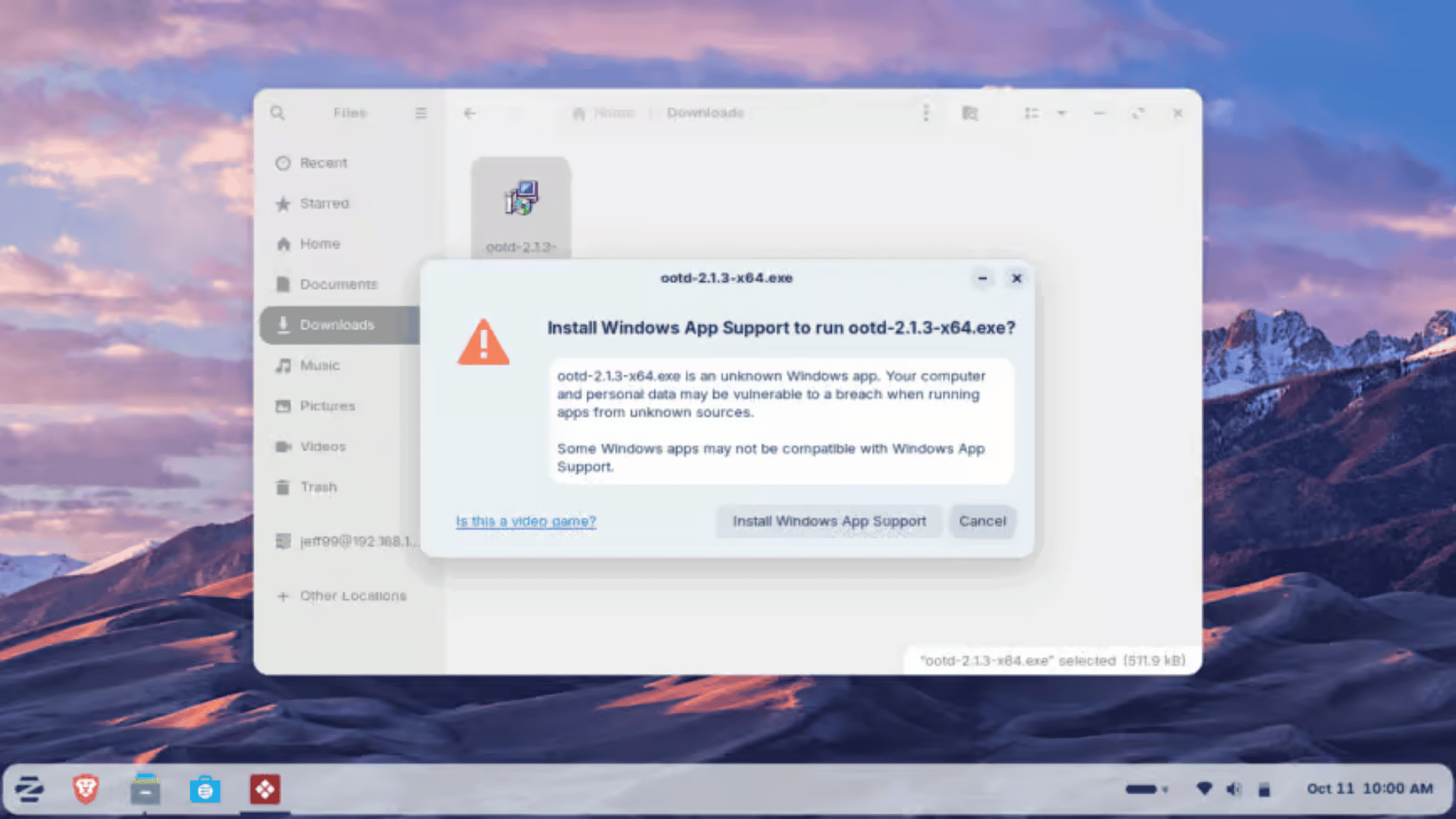 Pop!_OS desktop showing file manager and Windows app support installation prompt.