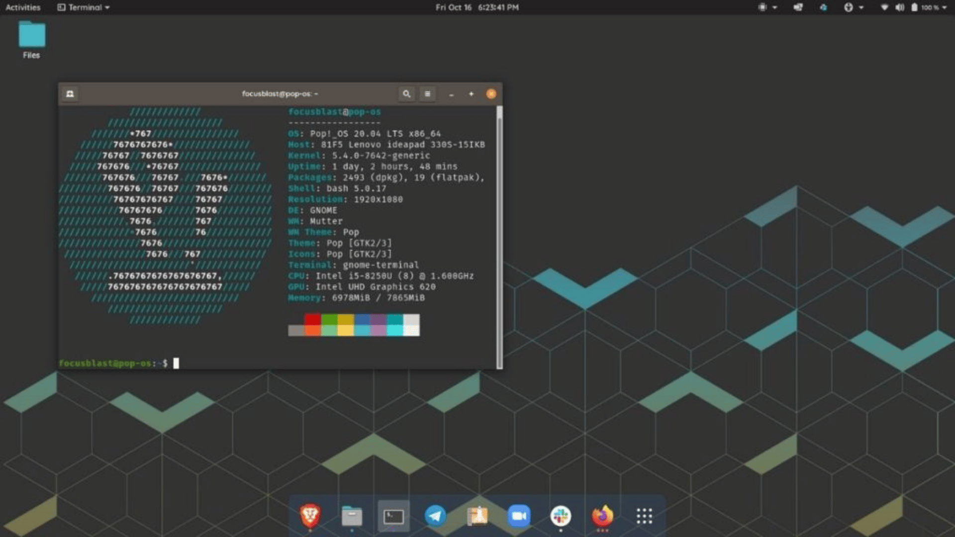 Pop!_OS desktop with terminal showing system info, GNOME interface, and dock with apps at the bottom of the screen.