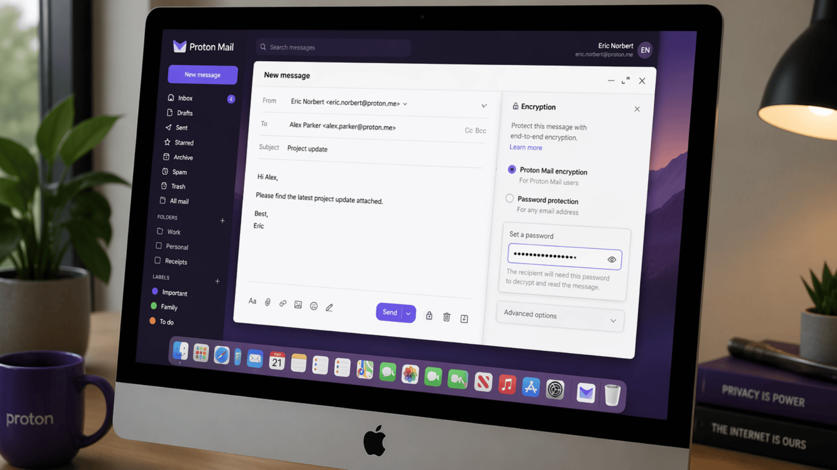 Proton Mail compose window on Mac showing lock icon and password option for encrypted email to non Proton user