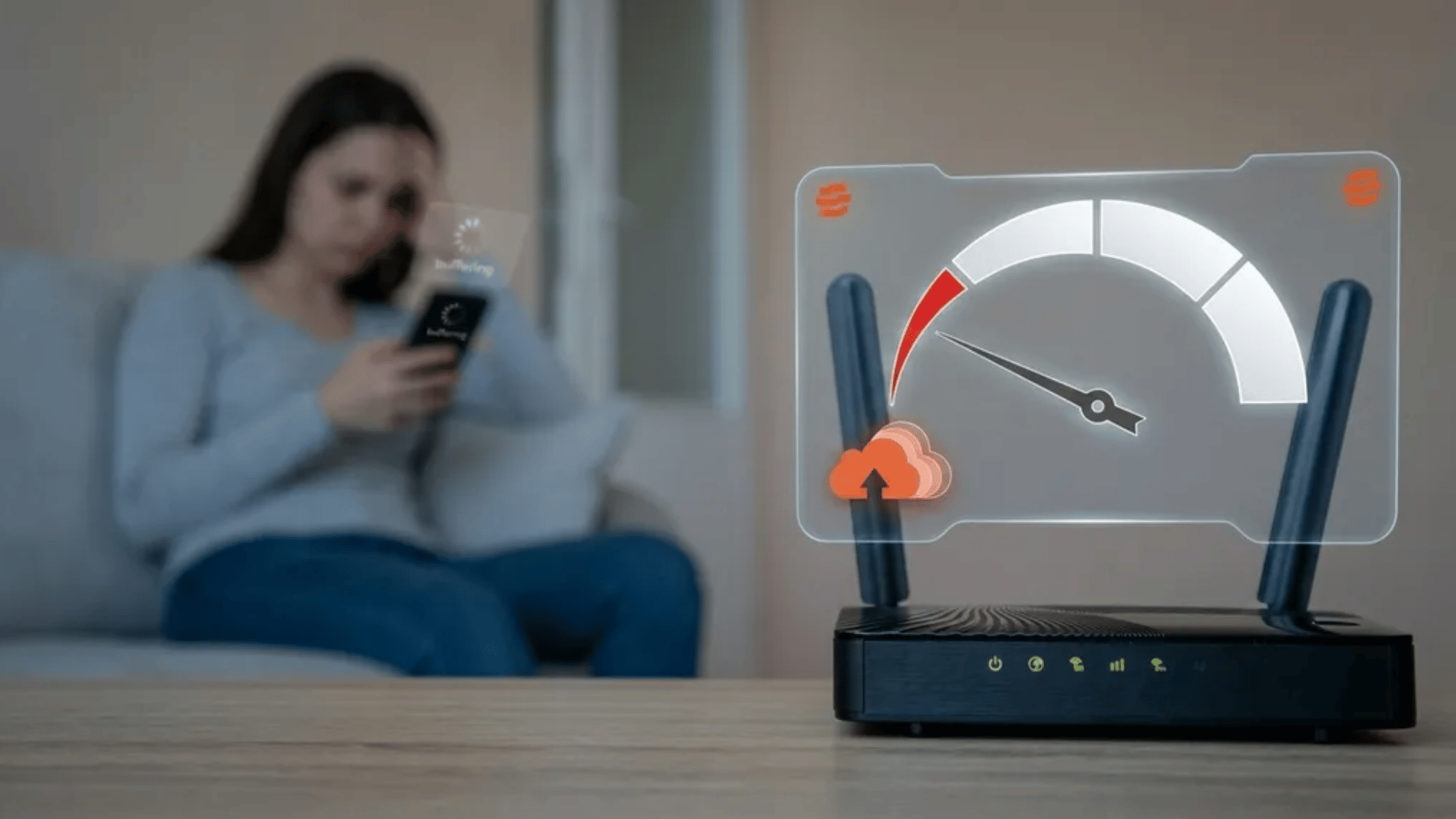 Router showing a low upload speed meter while a user waits with a phone in the background.