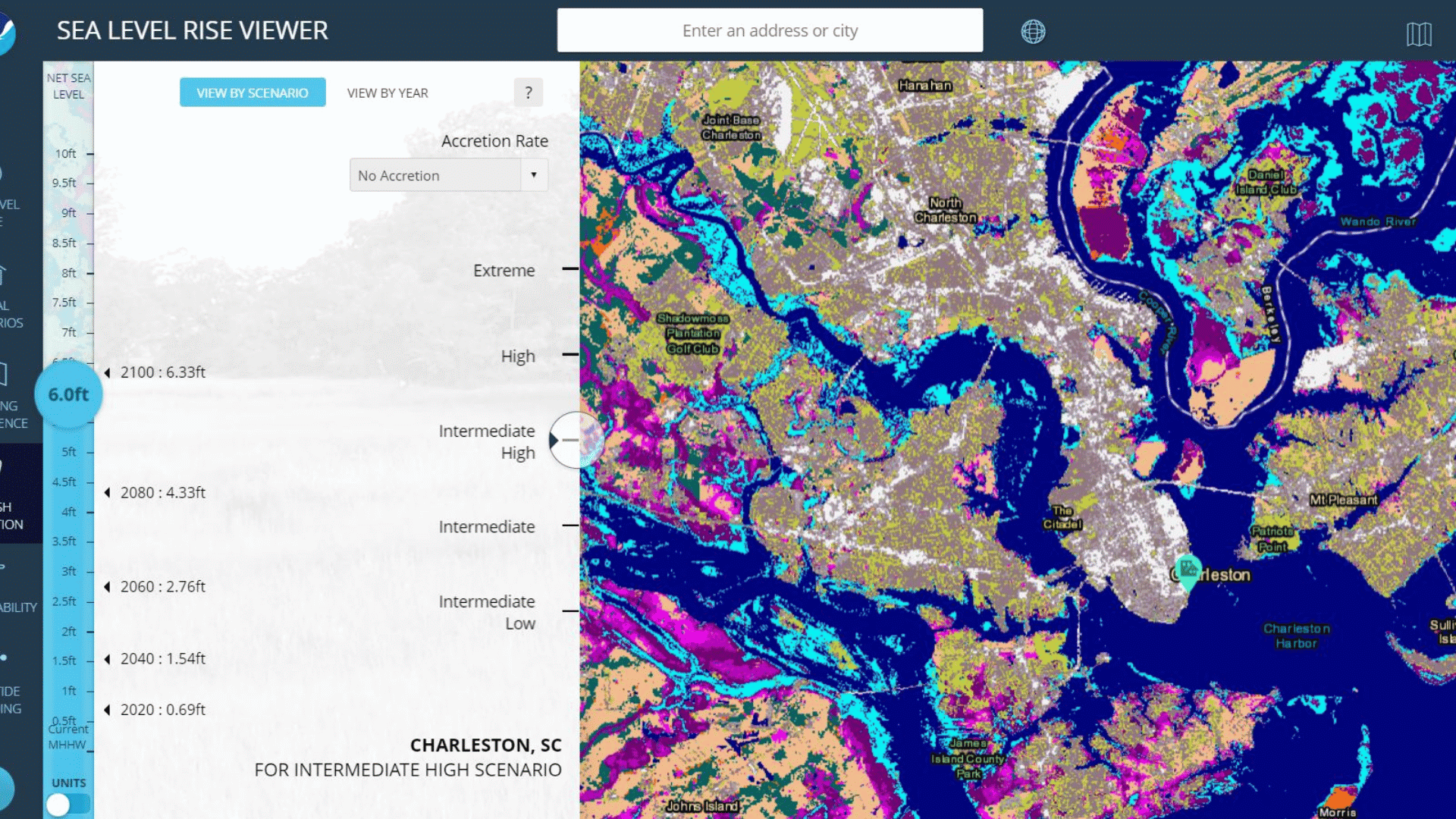 NOAA Sea Level Rise Viewer showing Charleston, SC flood map at 6ft intermediate high scenario with colored land cover and marsh migration.