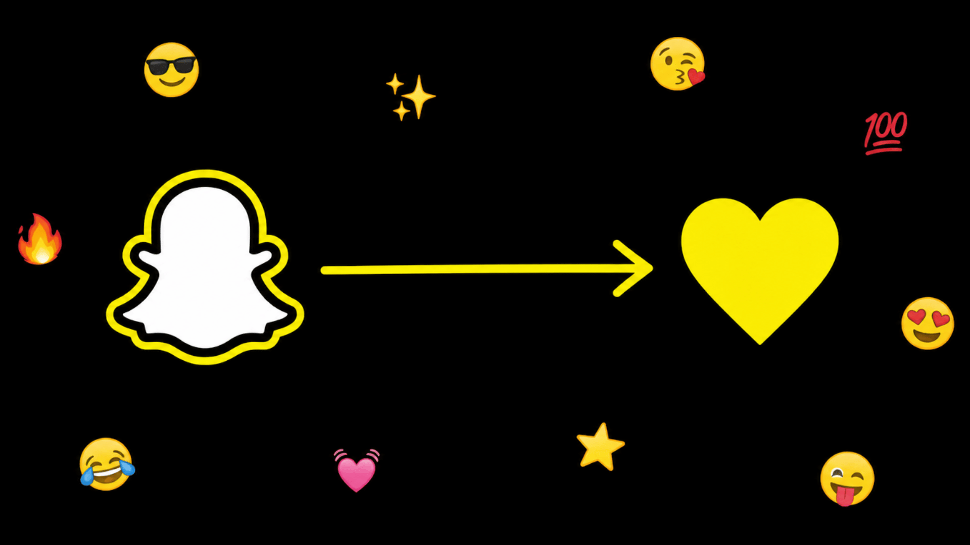 Snapchat ghost logo with arrow pointing to yellow heart on black background with emojis