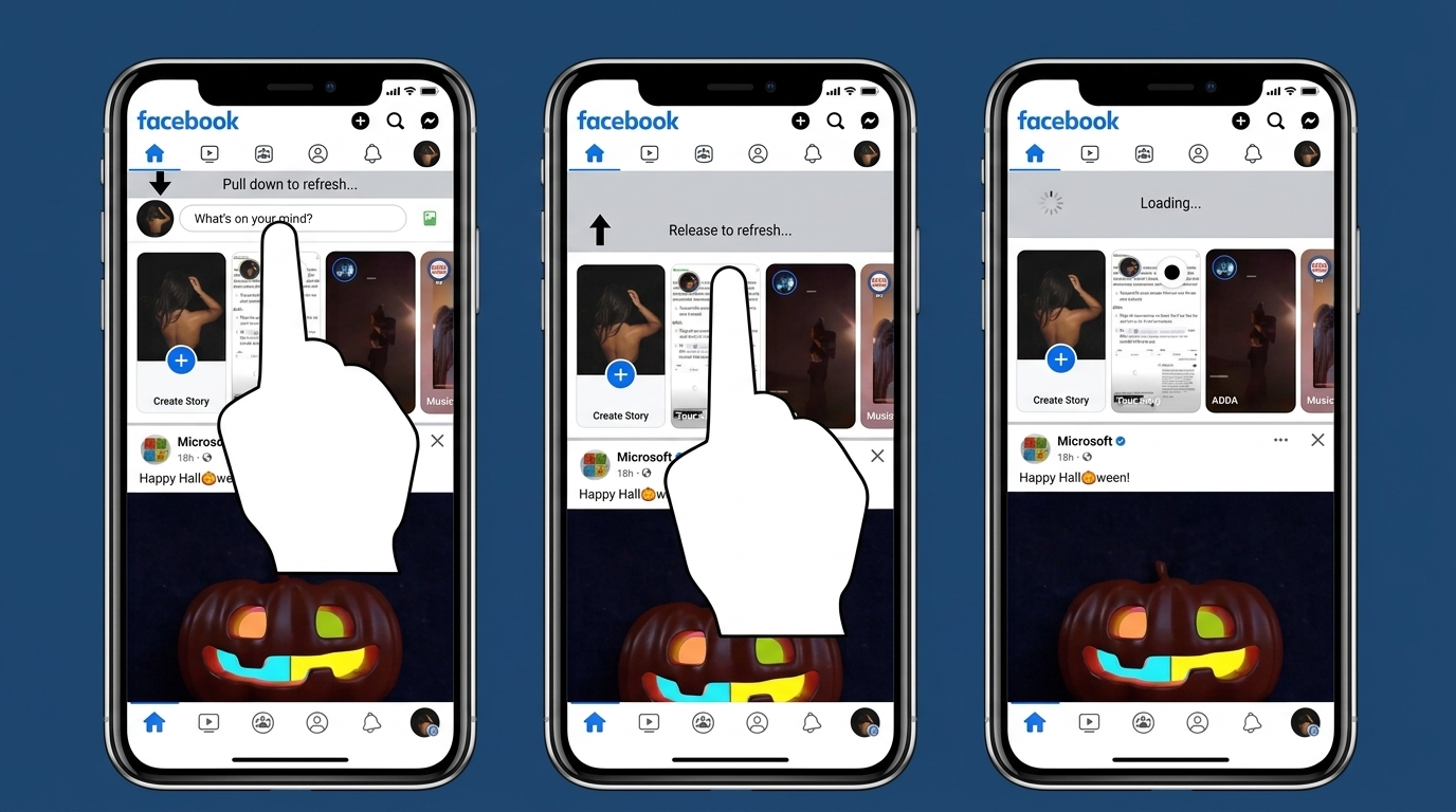 three-facebook-app-screens-showing-refresh-facebook-feed-gesture-pull-down-release-and-loading-state-updating-posts