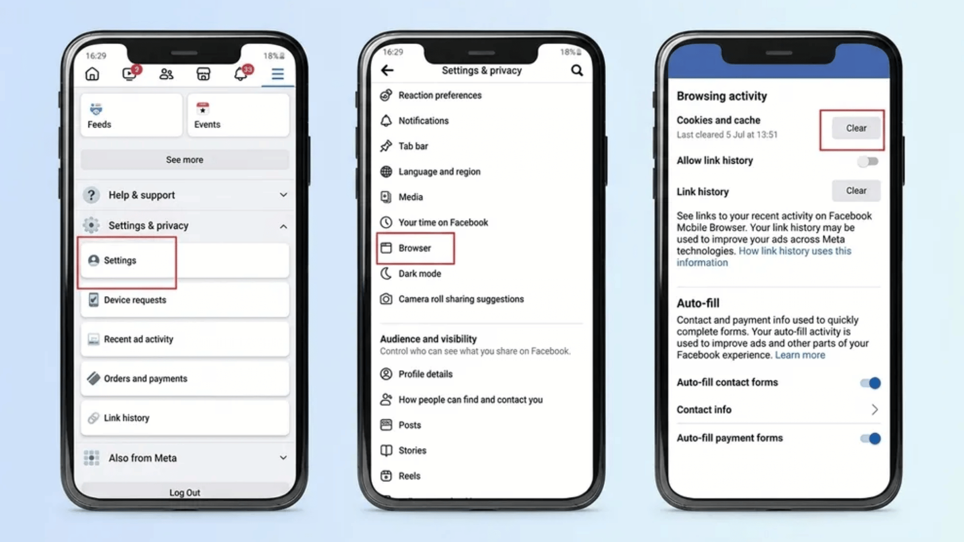 three-facebook-screens-showing-settings-path-browser-settings-and-clear-cache-used-to-refresh-facebook-feed-data