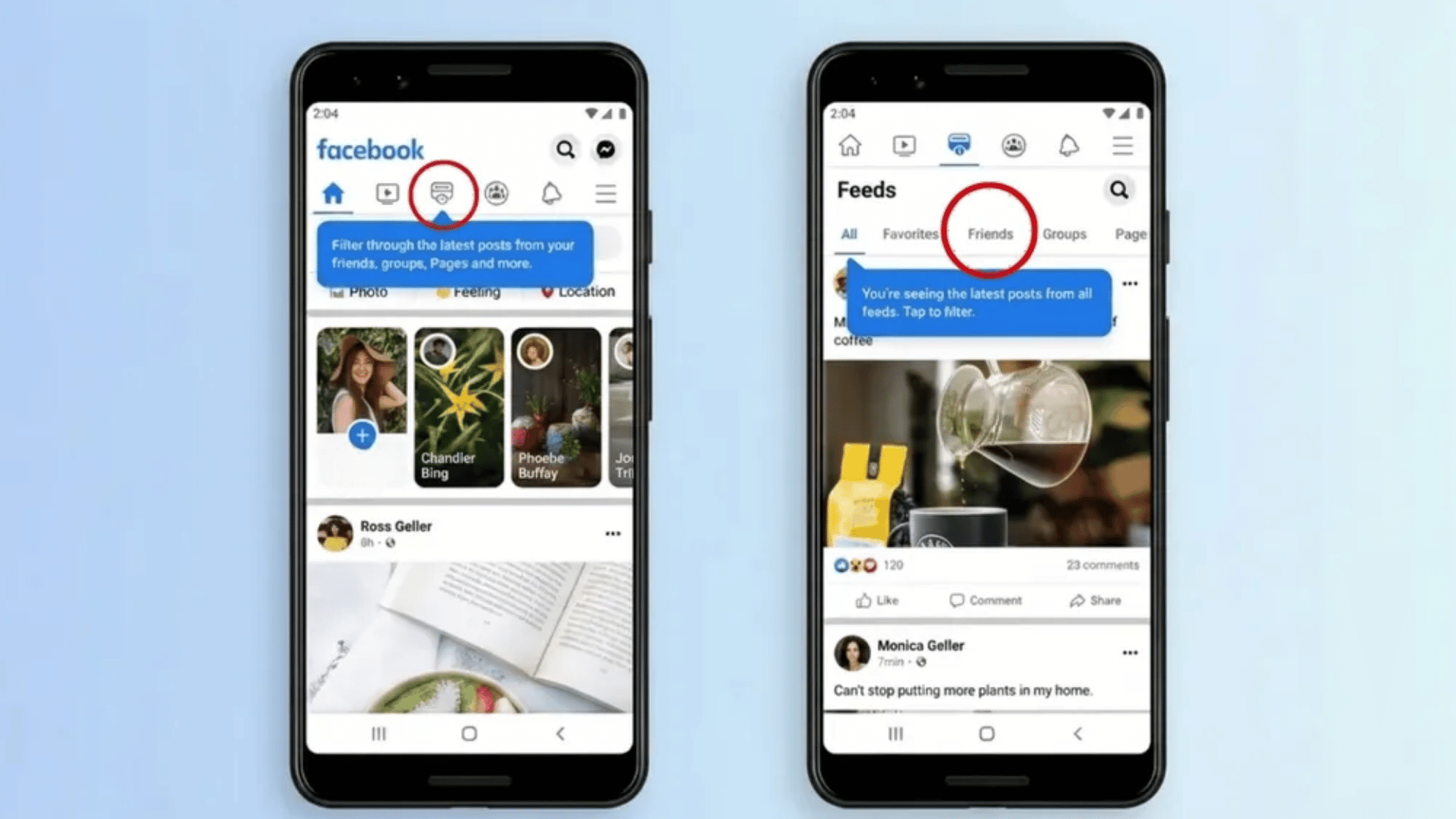 two-facebook-mobile-screens-showing-feed-filters-and-friends-tab-highlighted-for-refreshing-facebook-feed