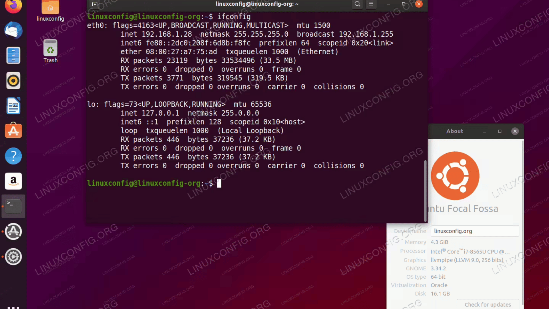 Ubuntu Focal Fossa desktop with terminal showing network info and system details on GNOME interface.