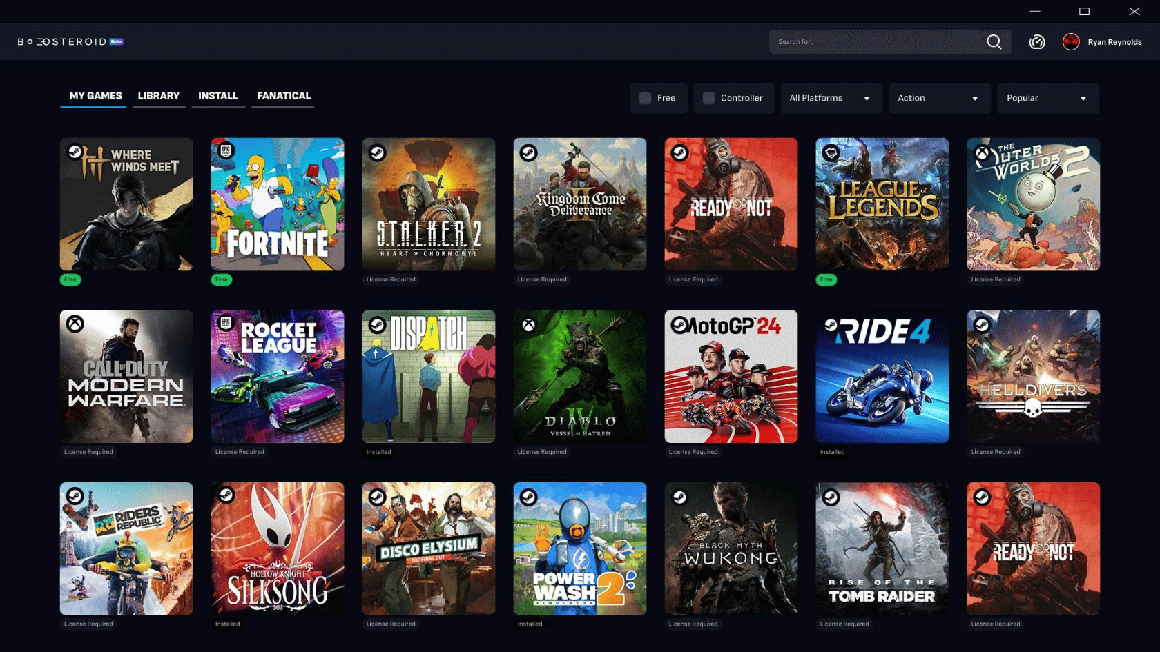 Game library interface showing grid of installed and available games with filters, search bar and navigation tabs