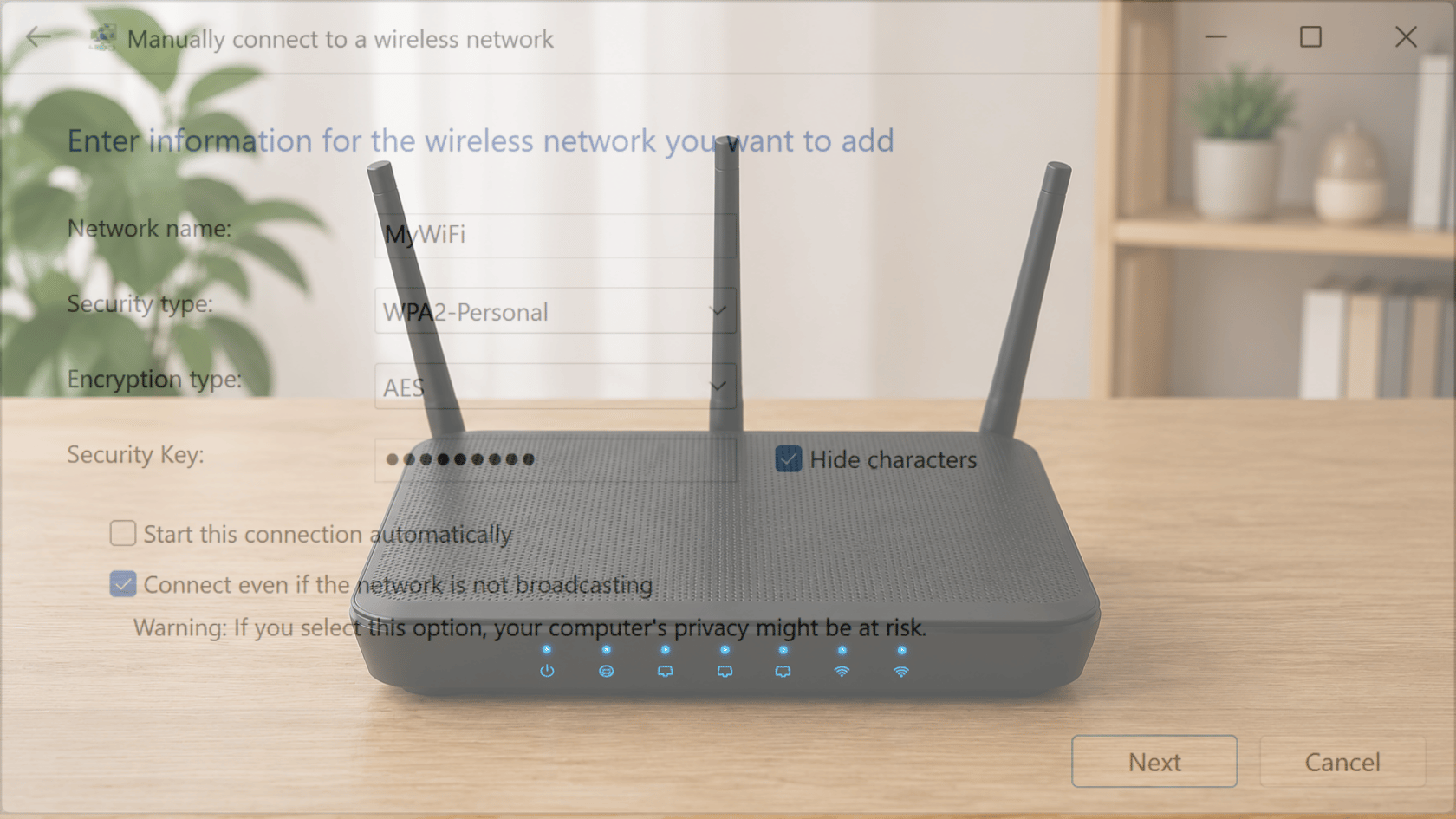 Router on wooden table with WiFi setup window showing network details and hidden password characters.