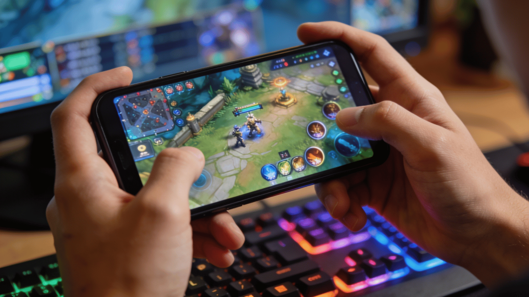 Hands holding a smartphone while playing a mobile game, with a blurred RGB-lit gaming setup in the background