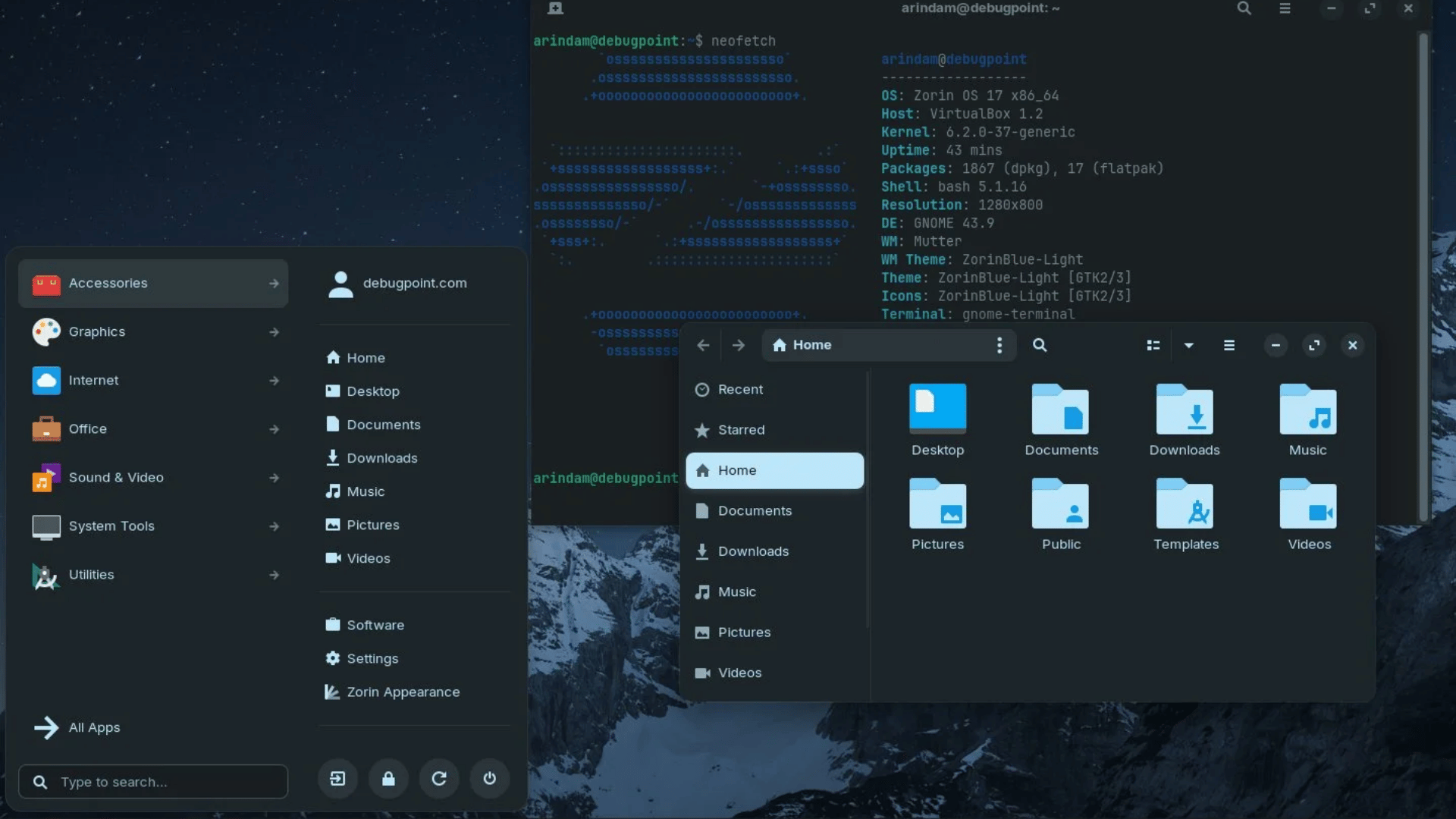 Zorin OS desktop showing terminal, file manager, and application menu with dark theme and taskbar at the bottom.