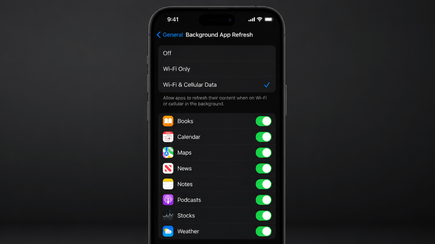 iPhone settings showing Background App Refresh options and individual app toggles