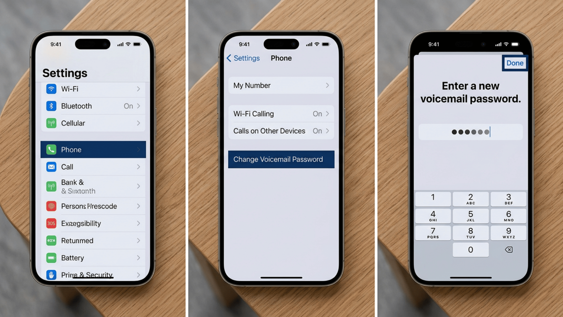 Three iPhone screens showing Settings with Phone selected, Phone menu with Change Voicemail Password, keypad new voicemail password