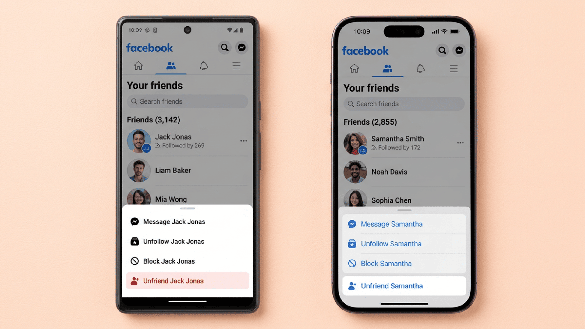 Two smartphones on Facebook friends list; left Jack Jonas menu message unfollow block unfriend; right Samantha Smith menu