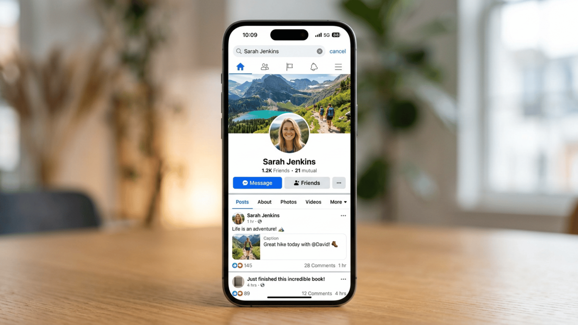 Smartphone showing Facebook profile page of Sarah Jenkins with Message and Friends buttons and posts feed