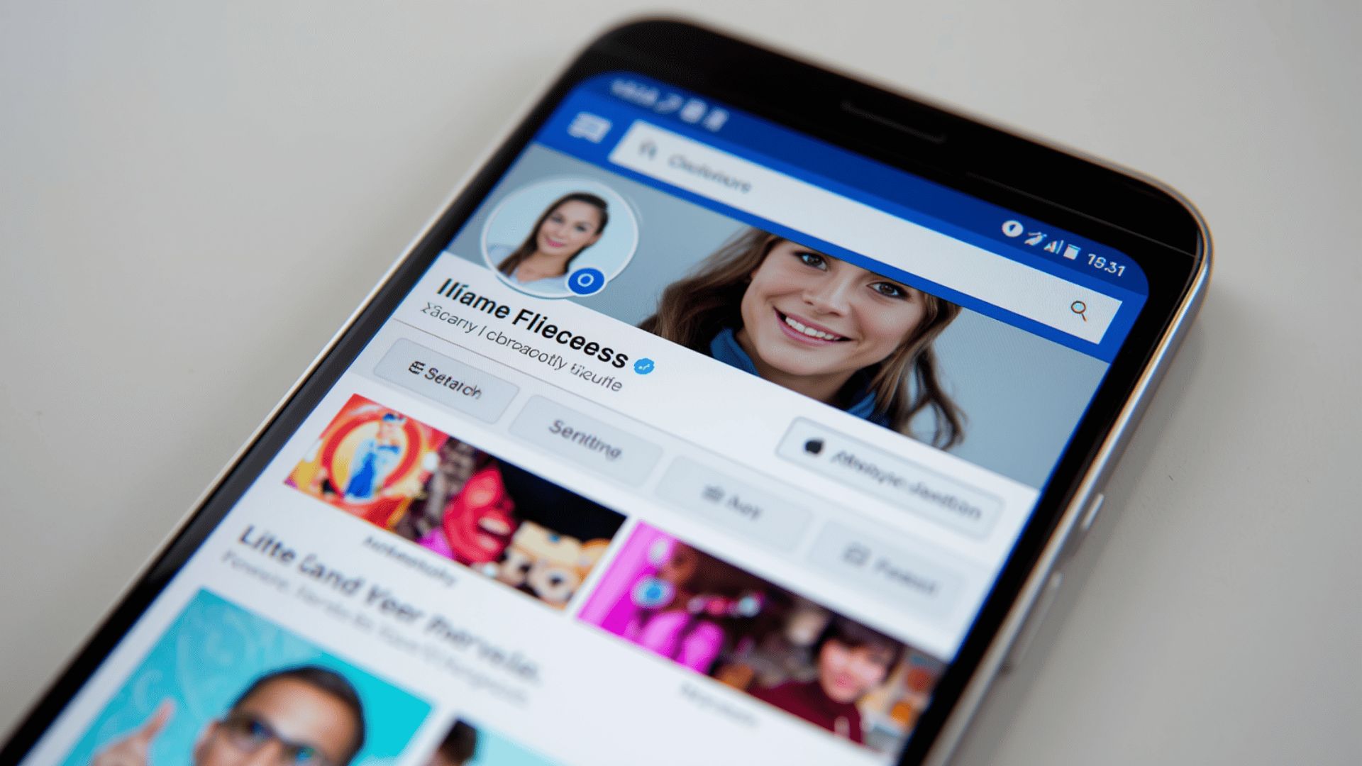 Smartphone showing Facebook profile page of Iliane Fleeceess with search bar, cover photo, profile picture, and posts feed