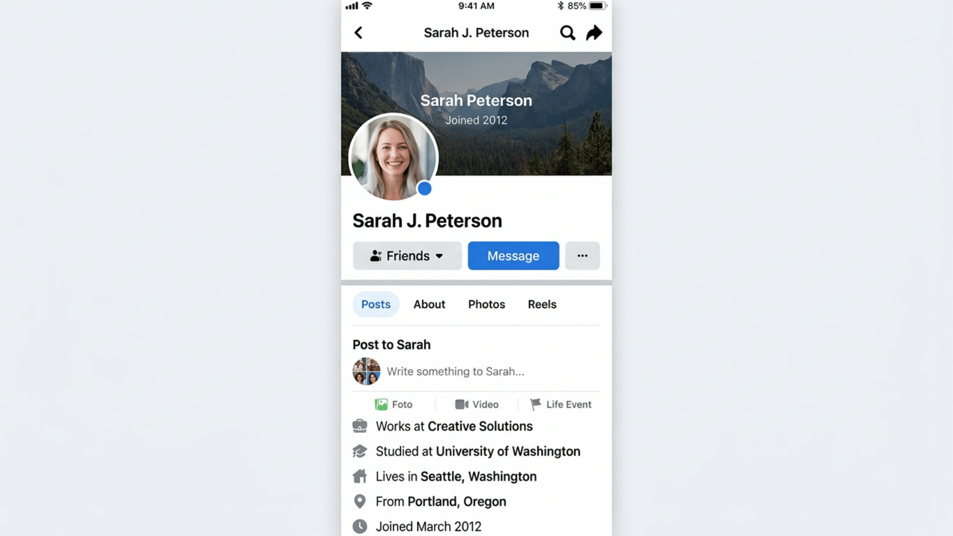 Facebook profile page for Sarah J. Peterson on smartphone with Friends and Message buttons, posts and profile details