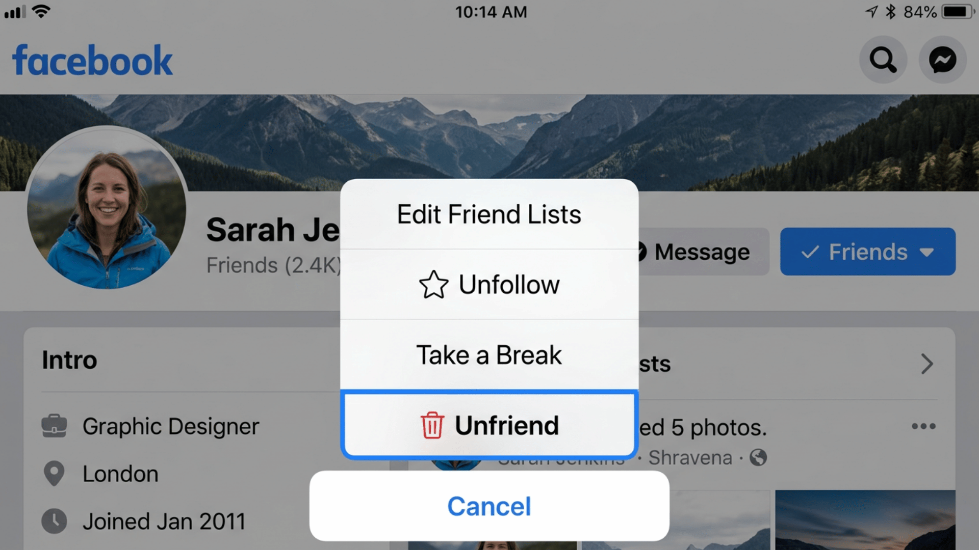 Facebook profile screen with action menu showing Edit Friend Lists, Unfollow, Take a Break, Unfriend, and Cancel
