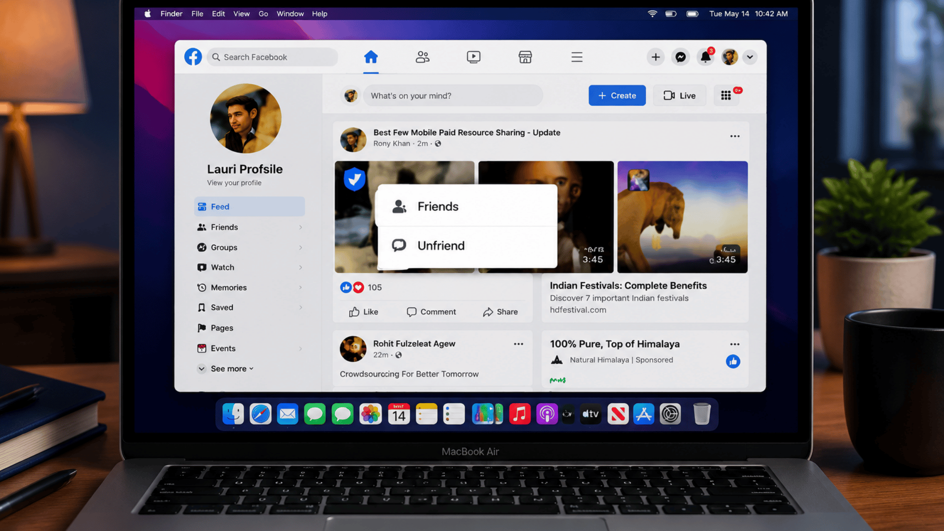 Laptop showing Facebook feed with Friends popover menu showing Friends and Unfriend options