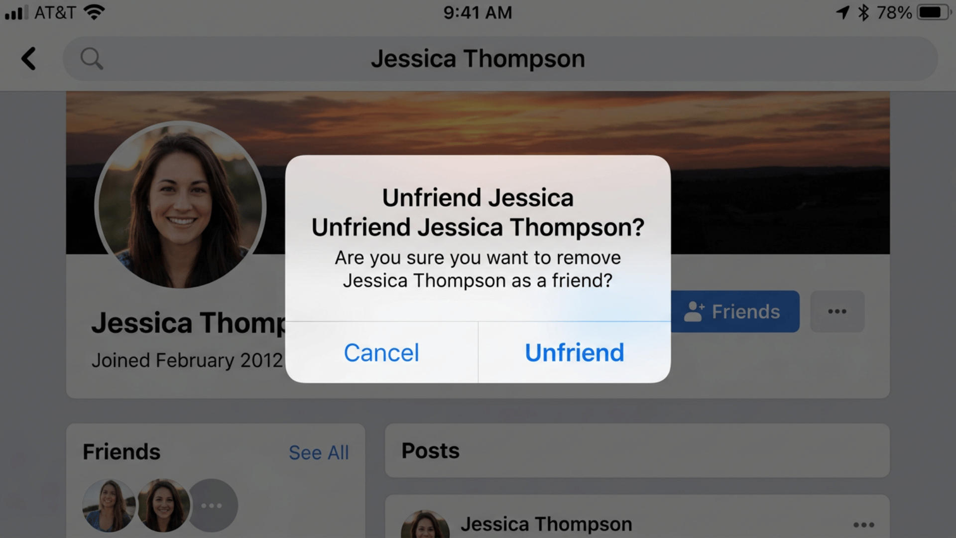 Unfriend confirmation dialog for Jessica Thompson with Cancel and Unfriend buttons over Facebook profile screen