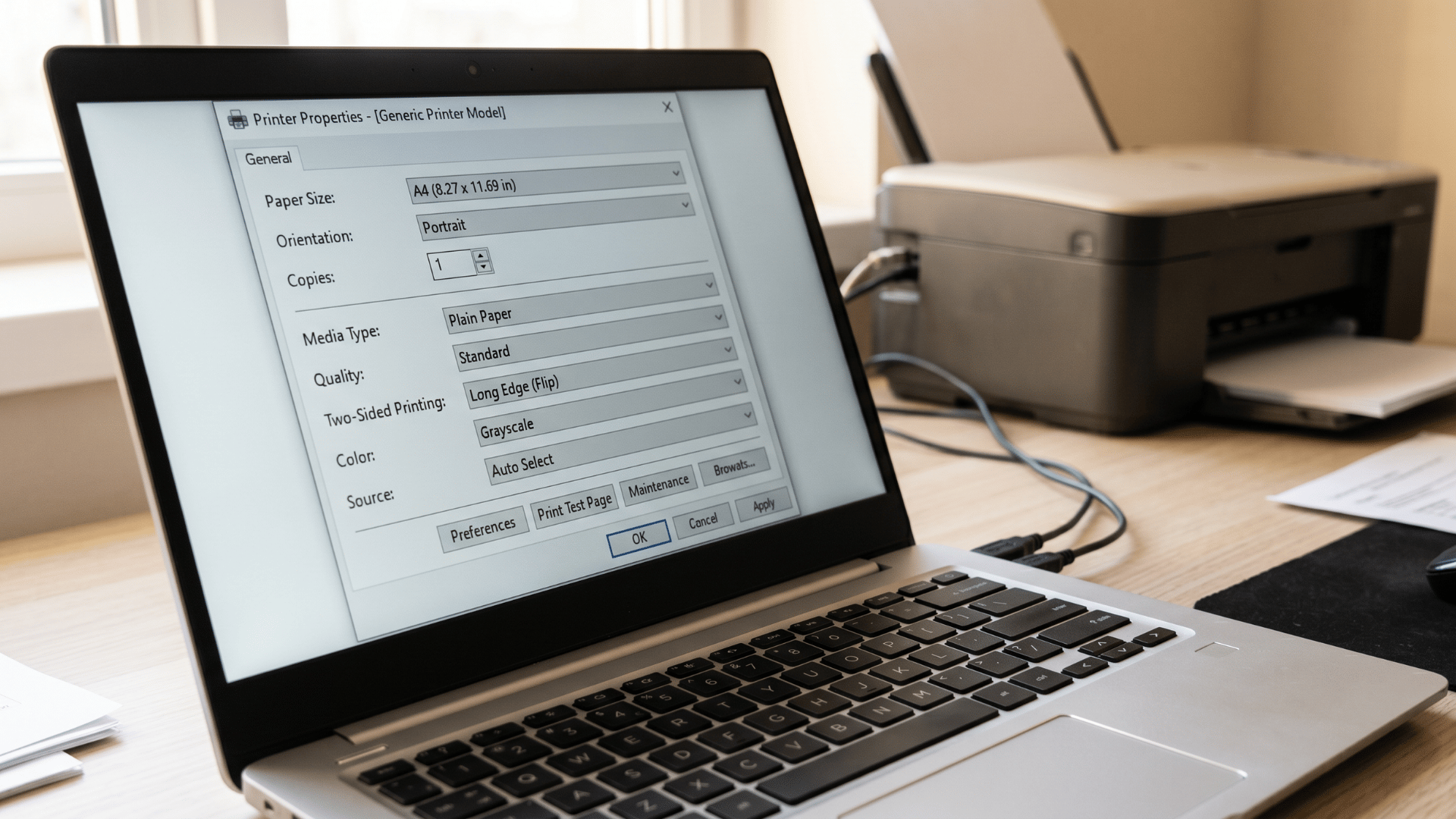 Laptop screen showing printer settings menu next to a printer on a desk