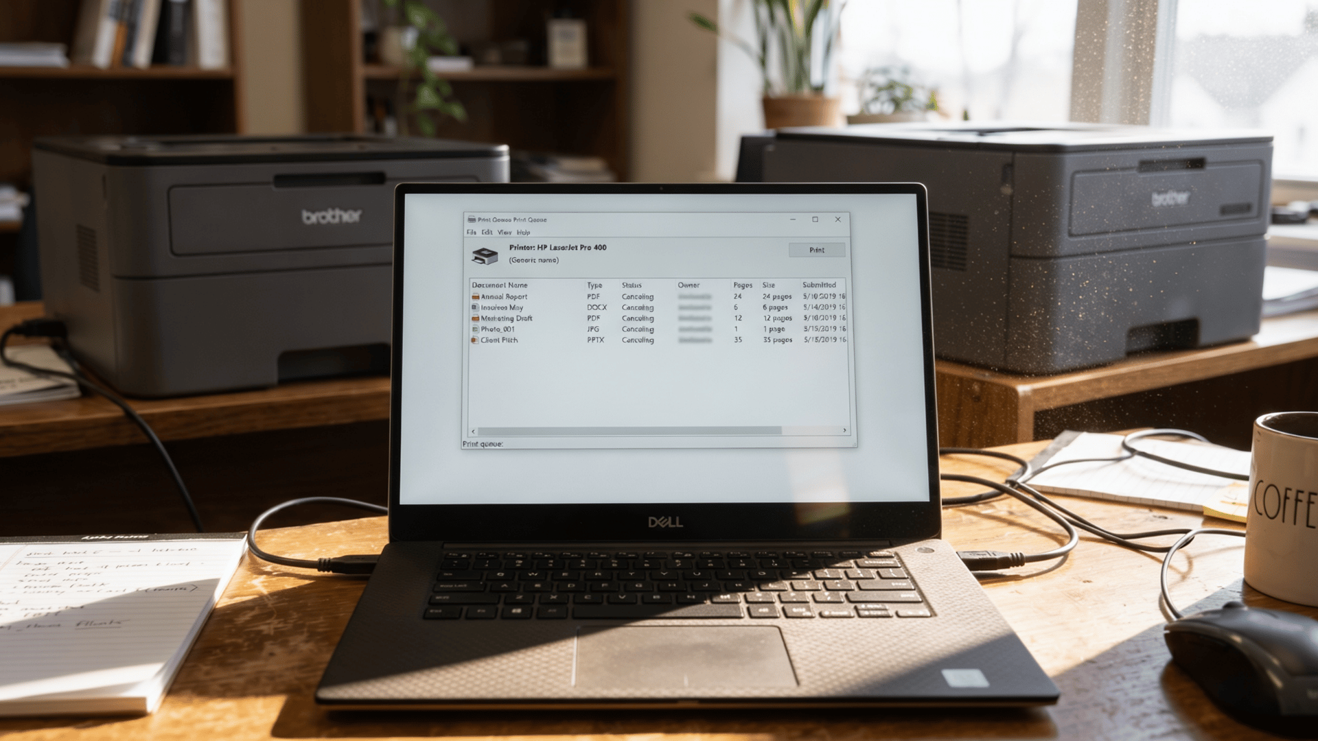 Laptop screen showing print queue with multiple print jobs being canceled next to a printer in background