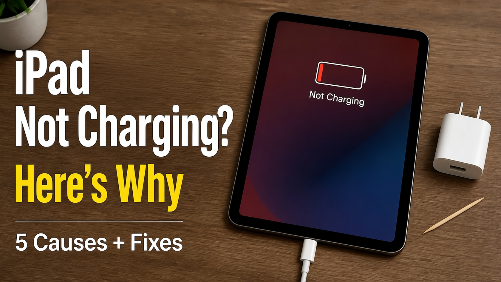 iPad showing Not Charging screen with adapter and toothpick nearby, why does my iPad say not charging