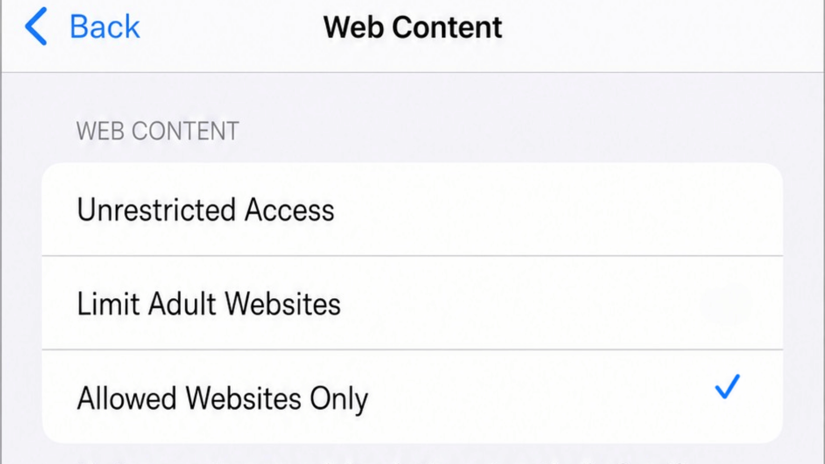 iPhone Screen Time web content settings showing Allowed Websites Only selected