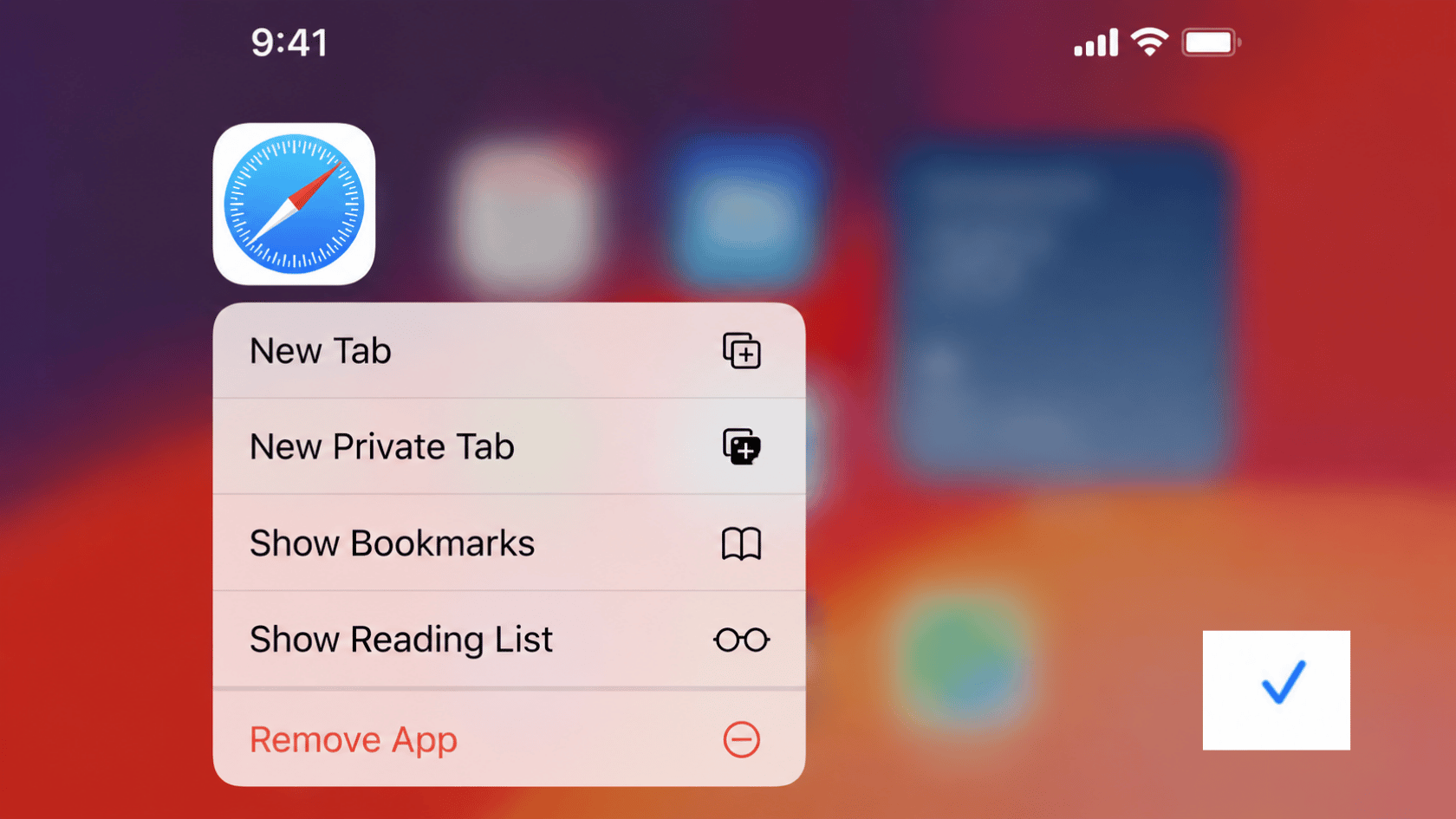 SAFARI ICON CONTEXT MENU SHOWING REMOVE FROM HOME SCREEN OPTION on IPHONE