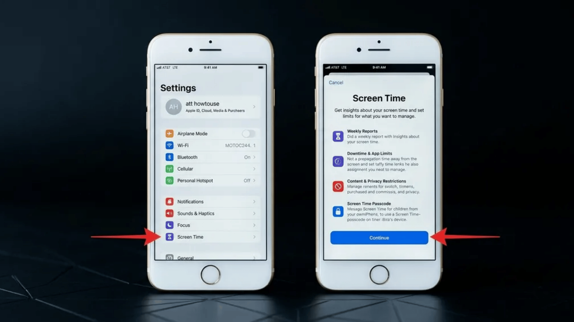 iPhone parental controls Screen Time setup showing Settings and Screen Time screens with arrows