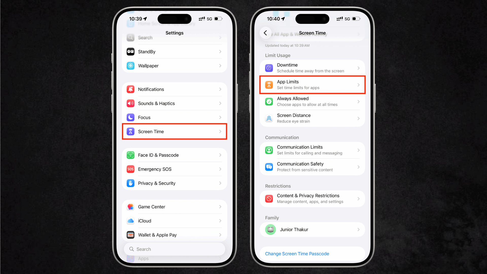 iPhone Screen Time settings showing App Limits, Screen Time, and Content & Privacy Restrictions options highlighted