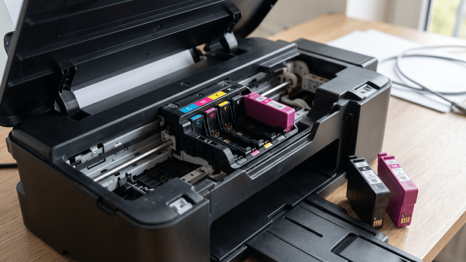 Open inkjet printer showing cartridges being removed and reinserted into cartridge slots during maintenance