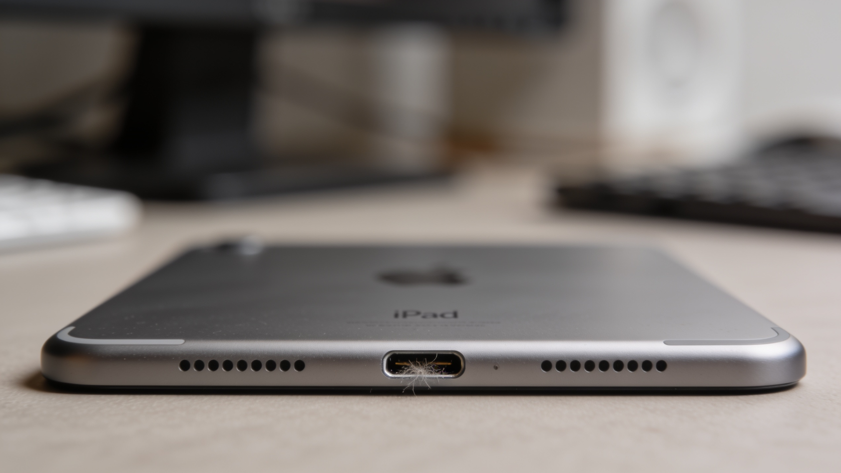 Close-up of an iPad charging port with subtle lint visible inside the cavity