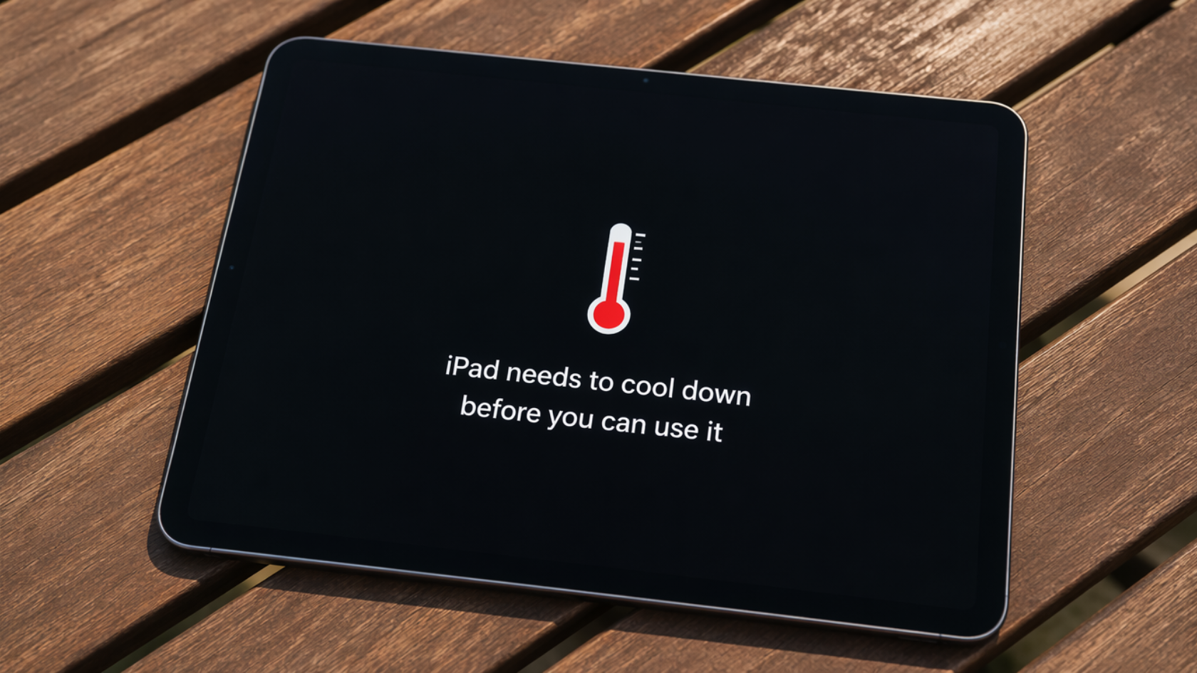 under 120 characters 15:58 iPad showing a temperature warning screen explaining why an iPad is not charging due to heat