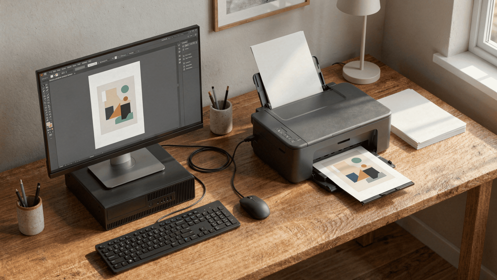 Computer connected to printer showing paper output from digital document printing process