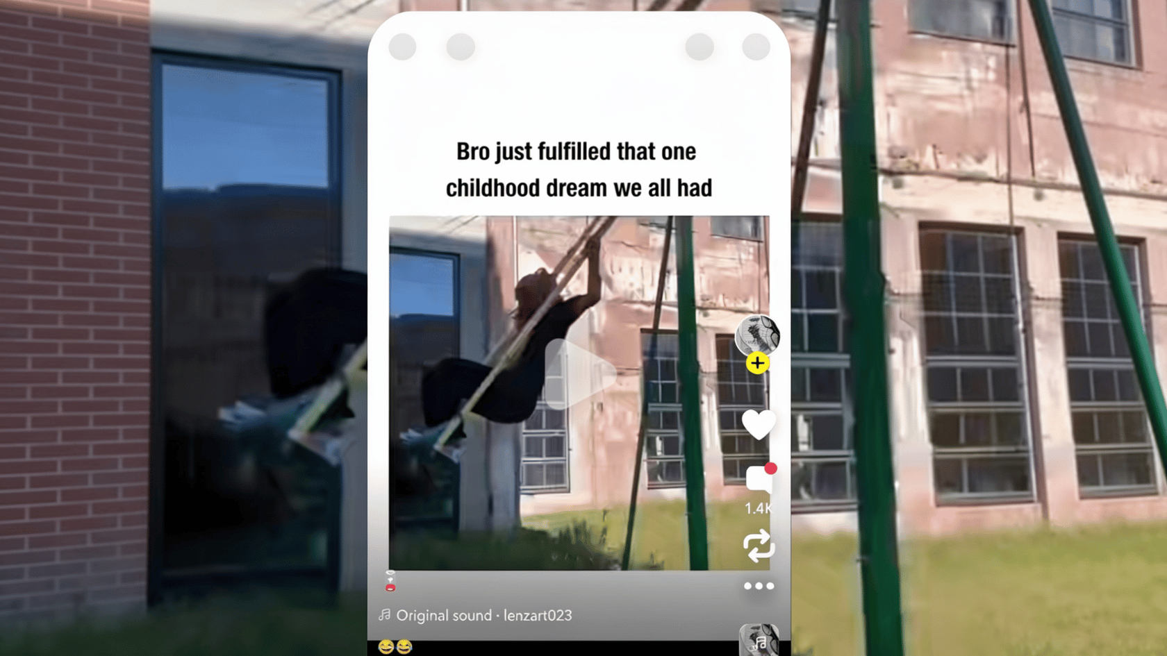 Person swinging high on a swing frame beside a building, with Snapchat caption about a childhood dream