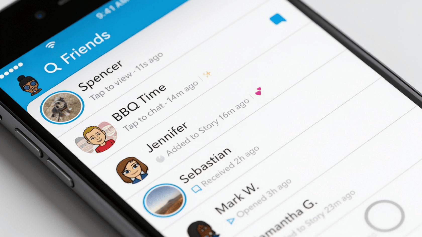 Snapchat Friends screen on iPhone showing chat list with recent contacts and Bitmoji avatars.