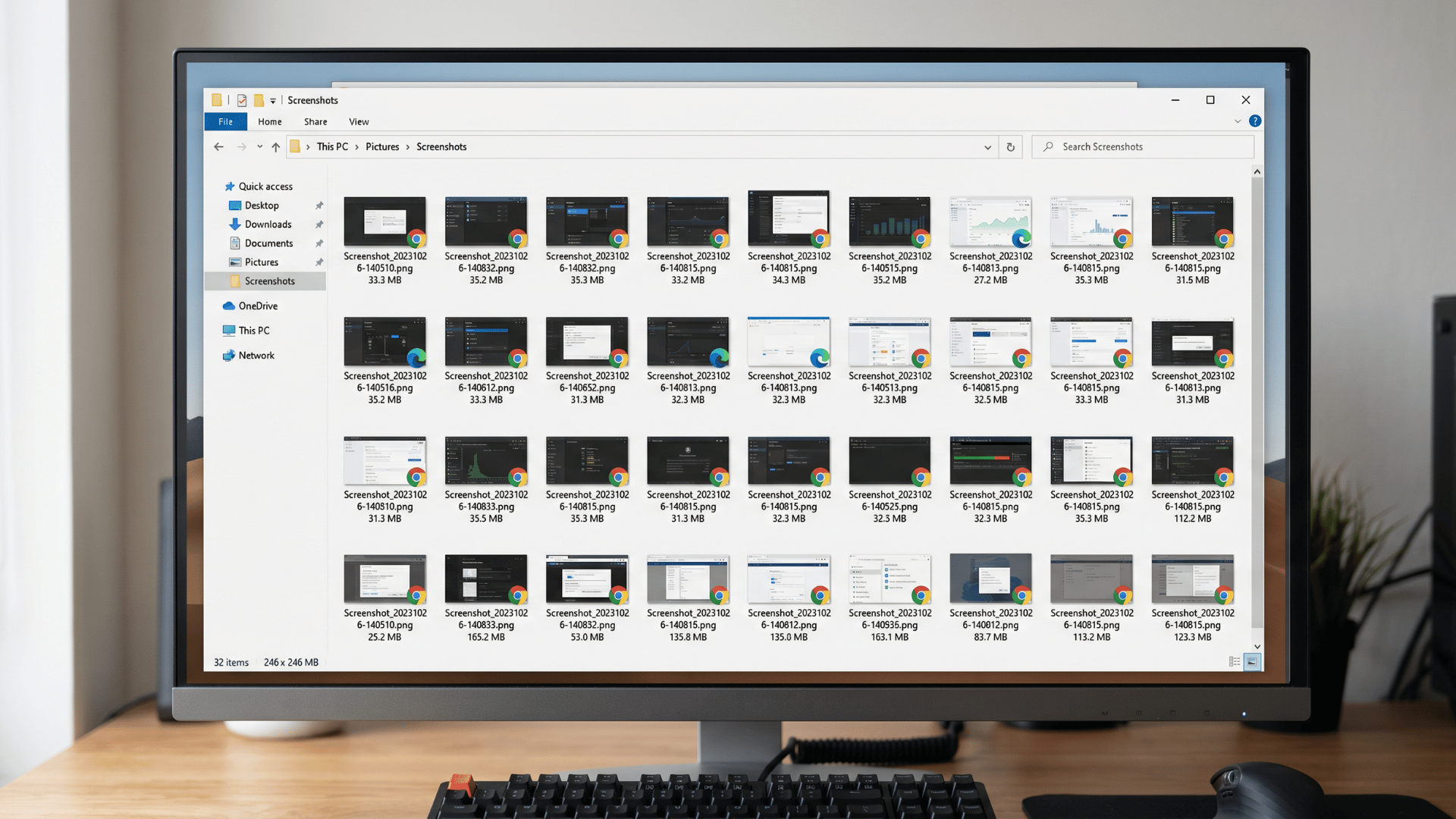 Windows File Explorer showing Screenshots folder with image thumbnails in grid view